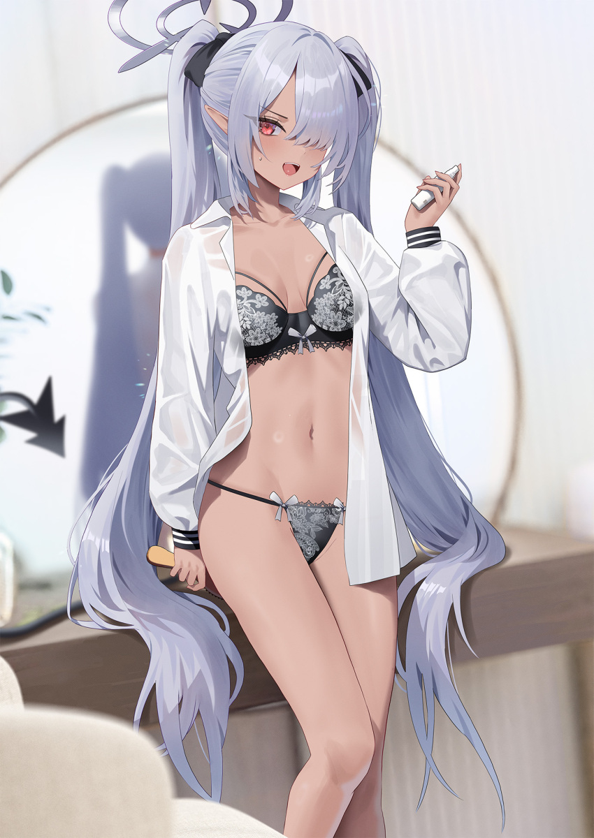 1girl black_bra black_panties blue_archive blush bra breasts breasts_apart cirilla_lin collarbone dark-skinned_female dark_skin demon_tail feet_out_of_frame grey_hair hair_over_one_eye halo highres holding_hair_brush indoors iori_(blue_archive) linea_alba long_bangs long_hair looking_at_viewer mirror navel one_eye_covered panties petite pointy_ears red_eyes reflection shirt small_breasts solo stomach tail twintails underwear very_long_hair white_shirt