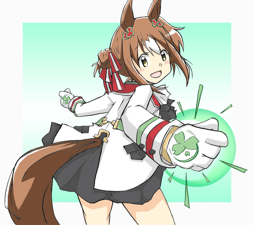 1girl :d absurdres animal_ears black_skirt border brown_hair clover_hair_ornament clover_print fine_motion_(umamusume) from_side gloves green_background hair_between_eyes hair_bun hair_ornament hair_ribbon highres horse_ears horse_girl horse_tail jacket long_sleeves looking_at_viewer looking_to_the_side multicolored_hair ribbon shikararemimi simple_background single_hair_bun skirt smile solo tail tail_through_clothes two-tone_hair umamusume white_border white_gloves white_hair white_jacket yellow_eyes