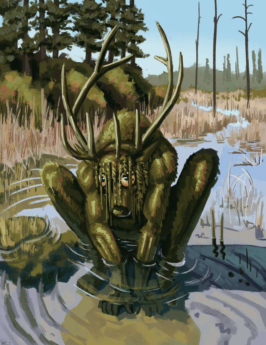 absurd_res anthro antlers cervine crouching deer elk hi_res horn kelpie looking_at_viewer looking_up male mammal mo_(momamo) momamo outside plant seaweed sitting_in_water solo