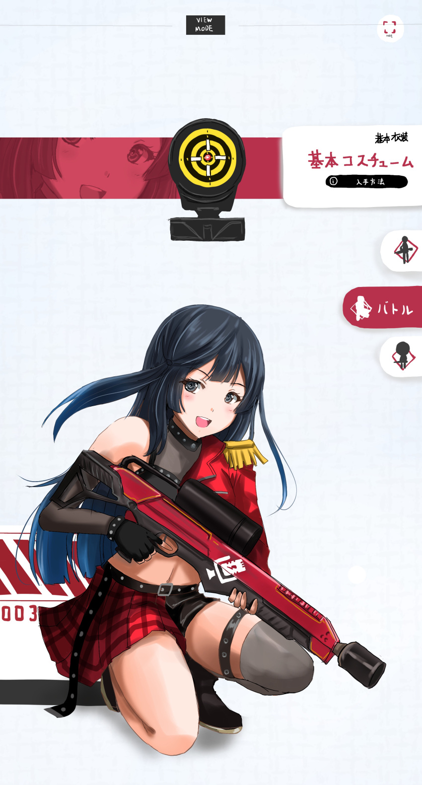 1girl absurdres black_eyes black_gloves black_hair c-wing commentary_request dive!_(love_live!) fingerless_gloves flamethrower gloves goddess_of_victory:_nikke highres holding holding_weapon long_hair looking_at_viewer love_live! love_live!_nijigasaki_high_school_idol_club midriff one_side_up single_glove single_sleeve solo weapon yuuki_setsuna_(love_live!)