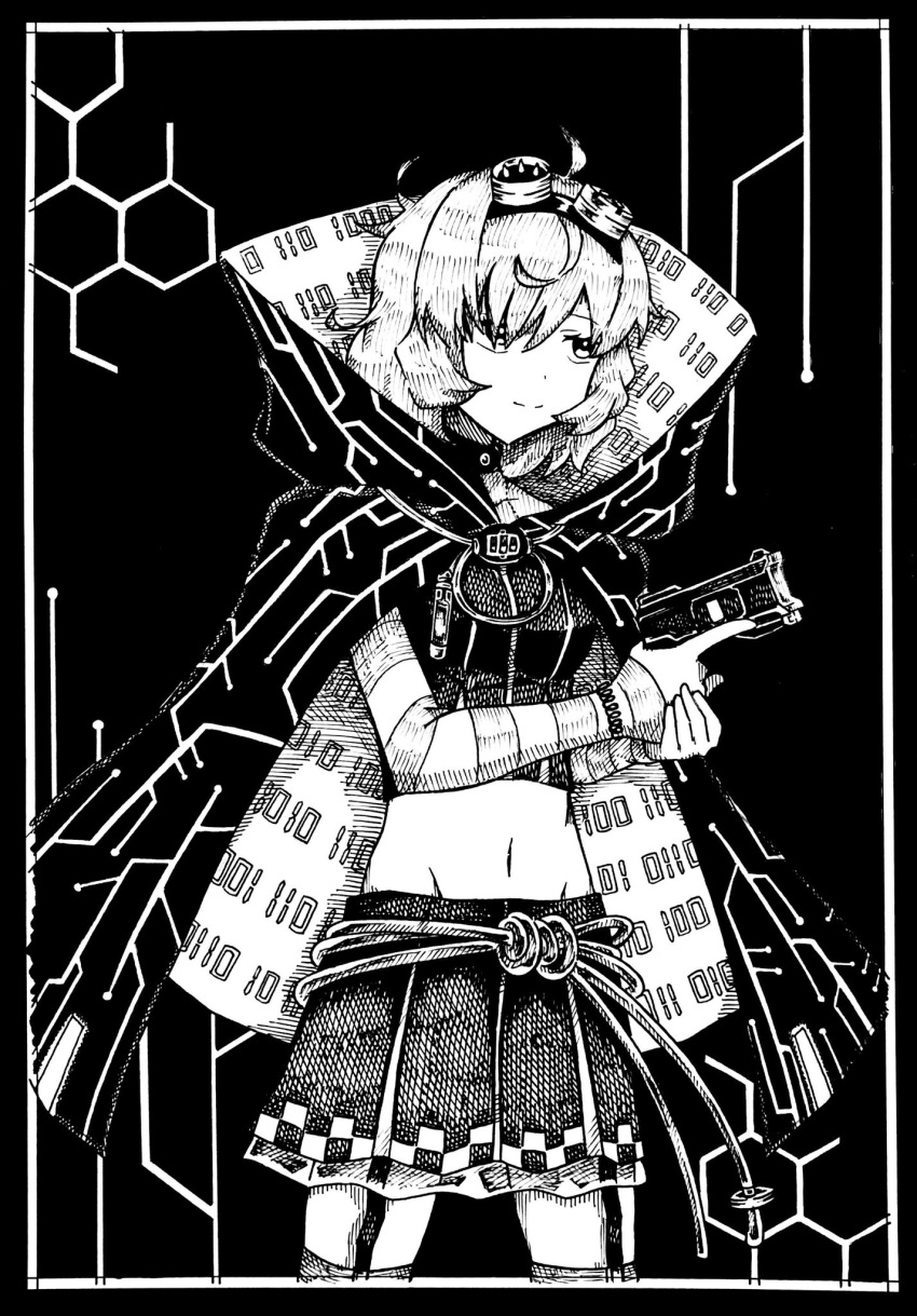 1girl ahoge binary border checkered_clothes checkered_skirt choker circuit_board_print cloak closed_mouth cowboy_shot detached_sleeves dot_nose garter_straps goggles goggles_on_head greyscale gun hair_over_one_eye harumayago highres holding holding_gun holding_weapon honeycomb_(pattern) layered_skirt magia_record:_mahou_shoujo_madoka_magica_gaiden magical_girl mahou_shoujo_madoka_magica midriff miniskirt miwa_mitsune monochrome mystical_high_collar navel short_hair skirt smile solo split_mouth strapless striped_sleeves swept_bangs tube_top two-sided_cloak two-sided_fabric weapon