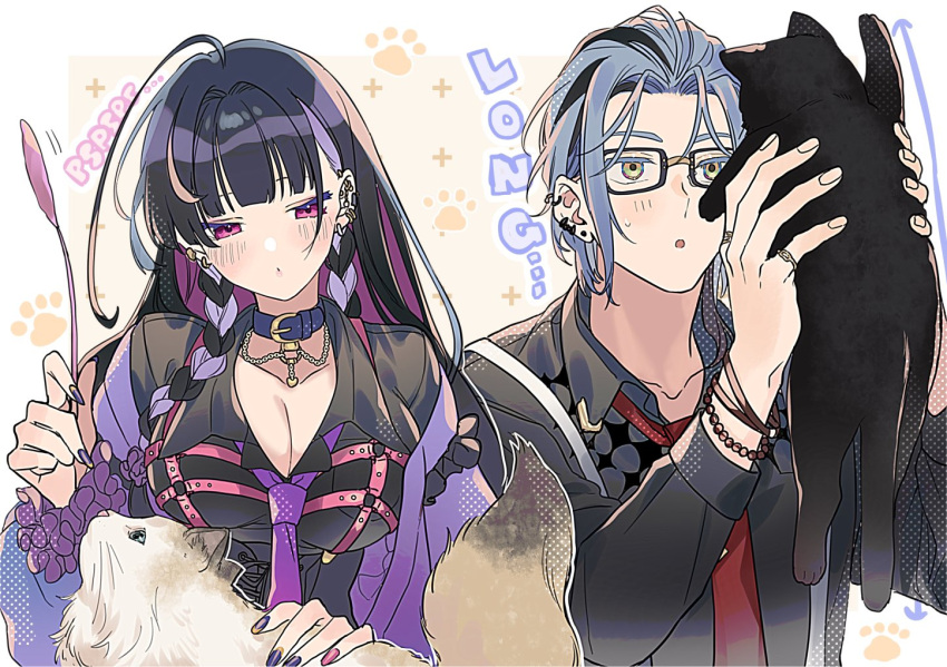 1boy 1girl ahoge black_cat black_hair black_shirt blue_hair blush bracelet braid breasts cat cleavage collared_shirt commentary earrings glasses green_eyes hex_haywire jewelry kaburagi_(pnoir087) large_breasts long_hair meloco_kyoran multicolored_hair necktie nijisanji nijisanji_en open_mouth pink_eyes purple_hair purple_nails purple_necktie red_necktie shirt streaked_hair symbol-only_commentary twin_braids virtual_youtuber white_cat