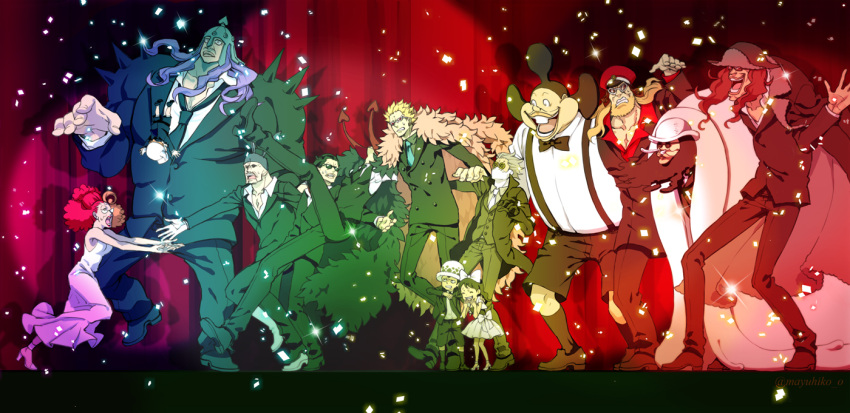 animal_ears baby_5 beard black_coat black_hair black_shorts black_socks black_suit blonde_hair bow bowtie brown_hair buck_teeth buffalo_(one_piece) coat confetti diamante donquixote_doflamingo donquixote_rocinante facial_hair falling feather_coat giolla gladius_(one_piece) hair_bow lao_g laughing long_hair machvise mayuhiko3310 multicolored_hair one_piece open_mouth outstretched_arms pica pink_coat purple_hair rabbit_ears senor_pink short_hair shorts shoulder_spikes snot socks spikes stage suit sunglasses teeth trafalgar_law trebol two-tone_hair white_headwear