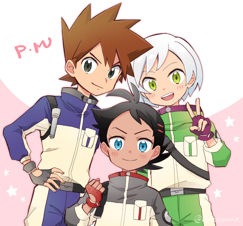 3boys :d belt belt_buckle black_hair blue_eyes blush brown_hair buckle clenched_hand closed_mouth commentary_request fingerless_gloves gary_oak gloves goh_(pokemon) green_eyes hand_up highres horace_(pokemon) jacket looking_at_viewer male_focus multiple_boys open_mouth pants pokemon pokemon_(anime) pokemon_journeys pokesumomo purple_gloves red_gloves short_hair smile spiked_hair star_(symbol) teeth tongue upper_teeth_only v