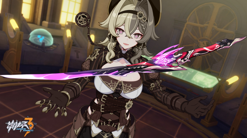 1girl belt braid breasts brown_belt brown_gloves brown_sleeves chinese_commentary cleavage day floating floating_object floating_sword floating_weapon gears gloves hat highres honkai_(series) honkai_impact_3rd indoors large_breasts log looking_at_object lower_teeth_only official_art official_wallpaper open_hands open_mouth solo steampunk sword teeth vill-v weapon window