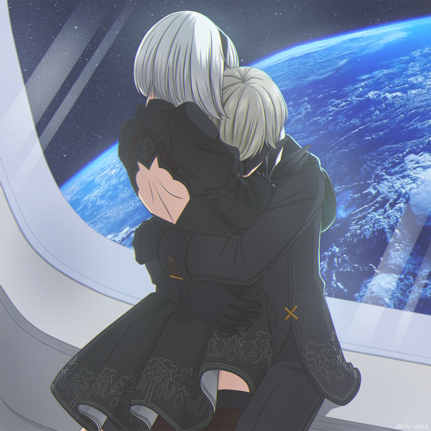 1boy 1girl back_cutout black_blindfold black_dress black_gloves black_hairband black_jacket black_pants blindfold clothing_cutout couple dress earth_(planet) gloves grey_hair hairband hetero highres hug jacket long_sleeves medium_hair nier:automata nier_(series) pants planet shirl_geem short_dress shoulder_blades sitting standing yorha_no._2_type_b yorha_no._9_type_s