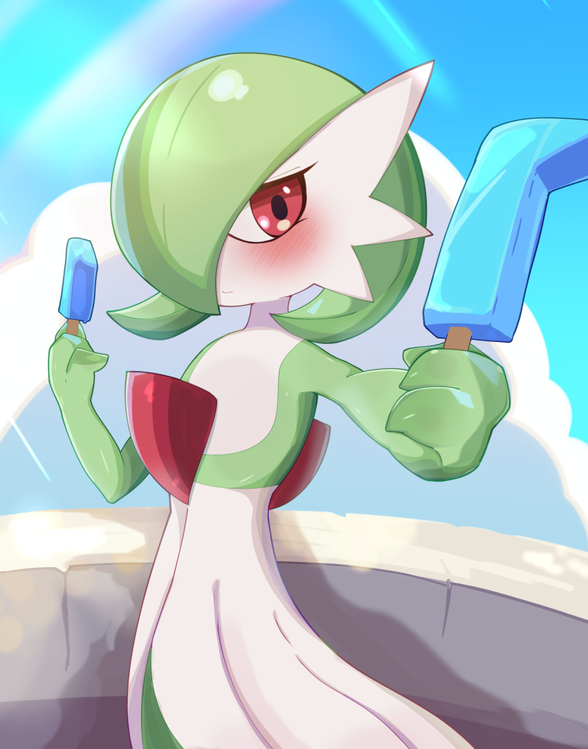 1girl arm_up blue_sky blush bob_cut closed_mouth cloud colored_skin commentary_request day double_popsicle flat_chest food gardevoir green_hair green_skin hair_over_one_eye hand_up highres holding holding_food holding_popsicle incoming_food light_rays looking_at_viewer multicolored_skin one_eye_covered outdoors outstretched_arm pokemon pokemon_(creature) popsicle red_eyes samimitan short_hair shy sky solo standing sunlight two-tone_skin white_skin