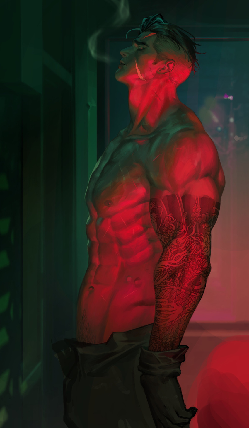 1boy 1thousand9 abs absurdres arm_tattoo bara black_hair cowboy_shot gloves highres looking_at_viewer male_focus muscular muscular_male navel nipples original pants pectorals profile red_eyes scar scar_on_face scar_on_forehead short_hair smoke solo tattoo topless_male undercut