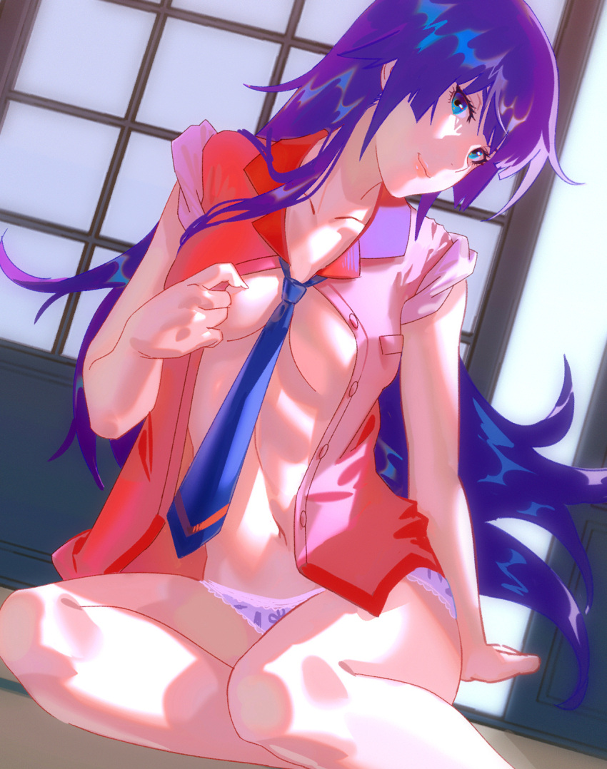 1girl bakemonogatari barefoot blue_eyes blue_necktie blurry blurry_background breasts closed_mouth collarbone commentary dutch_angle eyelashes foot_out_of_frame hand_up head_tilt highres indoors legs long_hair looking_at_viewer medium_breasts monogatari_(series) naoetsu_high_school_uniform navel necktie open_clothes open_shirt panties pink_shirt purple_hair rapa_rachi revision school_uniform senjougahara_hitagi shadow shiny_skin shirt short_sleeves sidelocks sitting sleeves_rolled_up smile solo thighs underwear white_panties yokozuwari