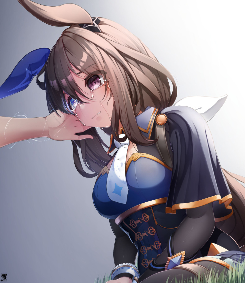 1girl absurdres admire_vega_(umamusume) animal_ears blue_capelet blue_eyes bodice bodystocking bow brown_hair capelet commentary_request crying crying_with_eyes_open ear_covers ear_ornament flaming_eye glowing glowing_eye gold_trim grey_background hair_bow heterochromia hibiki_(zerocodo) highres horse_ears horse_girl long_hair low_ponytail necktie on_grass purple_eyes sidelocks signature single_ear_cover sitting solo_focus streaming_tears tears umamusume umamusume:_road_to_the_top white_bow white_necktie