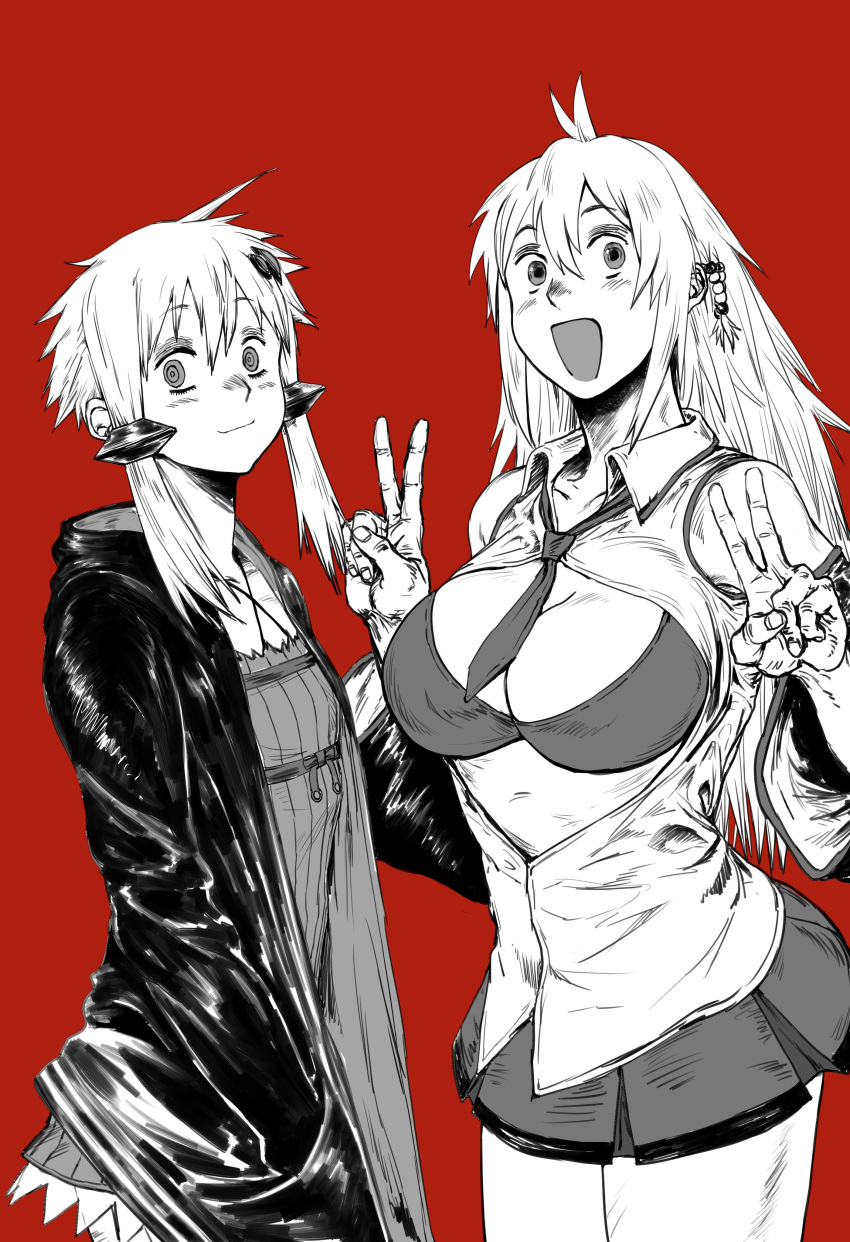 2girls absurdres antenna_hair beads breasts cleavage closed_mouth collared_shirt commentary_request cowboy_shot criss-cross_halter detached_sleeves dorohedoro double_v dress empire_waist greyscale_with_colored_background hair_beads hair_ornament halter_dress halterneck hands_in_pockets hands_up highres hood hood_down hoodie large_breasts long_hair looking_at_viewer multiple_girls necktie open_clothes open_hoodie open_mouth open_shirt parody pleated_skirt q._hayashida_(style) red_background ribbed_dress shirt short_dress short_hair_with_long_locks short_necktie side-by-side simple_background skirt sleeveless sleeveless_shirt smile standing style_parody tmasyumaro tsurumaki_maki v vocaloid voiceroid yuzuki_yukari