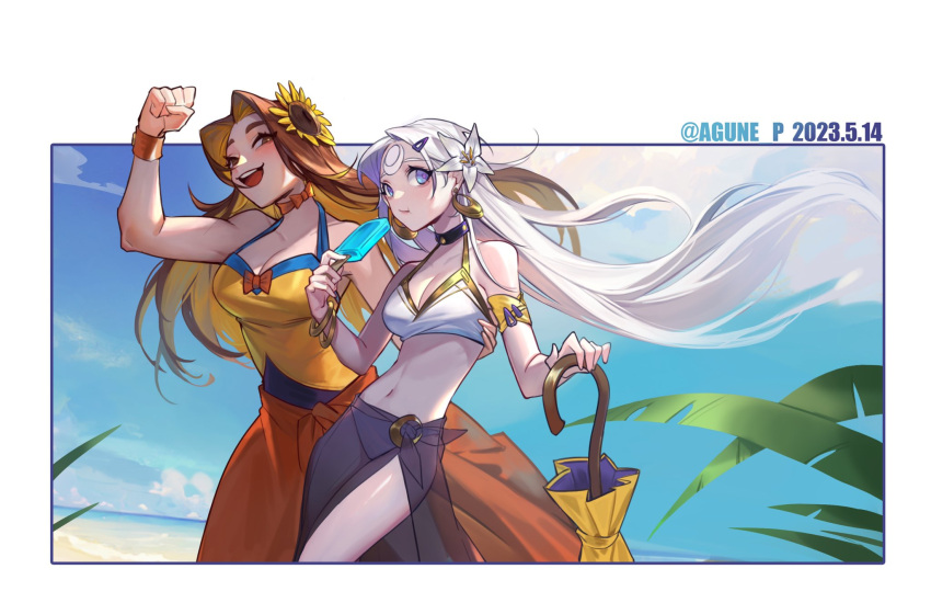 2girls :d agune_p alternate_costume arm_up bare_shoulders breasts brown_eyes brown_hair cleavage clenched_hand collarbone day diana_(league_of_legends) earrings flower grey_flower hair_flower hair_ornament highres holding holding_ice_cream holding_umbrella jewelry large_breasts league_of_legends leona_(league_of_legends) long_hair medium_breasts multiple_girls navel official_alternate_costume outdoors pool_party_(league_of_legends) pool_party_leona smile sunflower swimsuit teeth umbrella upper_teeth_only white_hair