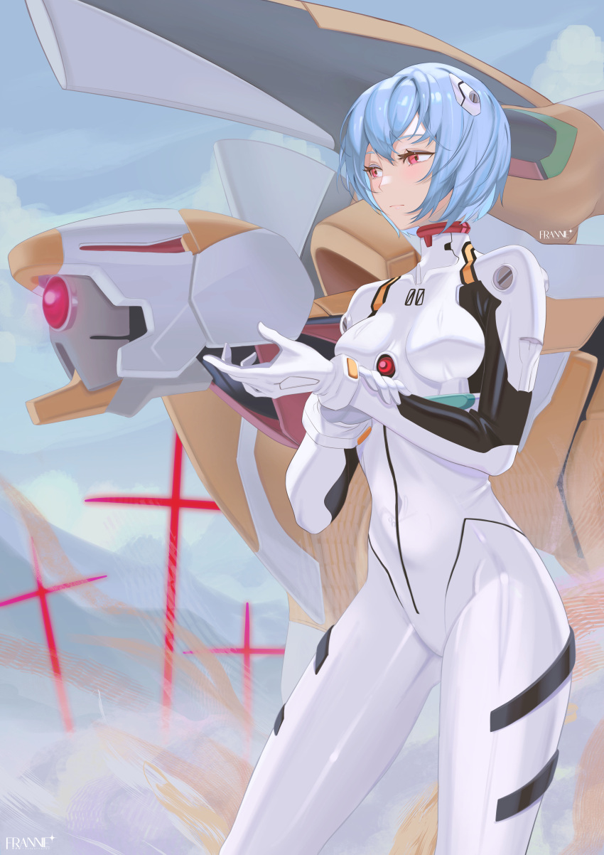 absurdres artist_name ayanami_rei blue_hair bodysuit breasts cowboy_shot cross eva_00 evangelion:_3.0+1.0_thrice_upon_a_time evangelion_(mecha) franniexo hand_on_own_wrist highres interface_headset looking_to_the_side neon_genesis_evangelion plugsuit rebuild_of_evangelion red_eyes short_hair standing white_bodysuit