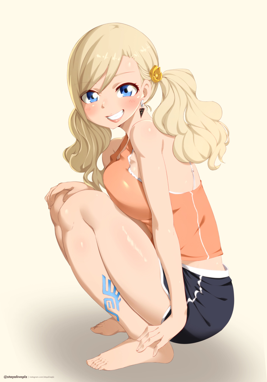 1girl absurdres asymmetrical_bangs barefoot black_shorts blonde_hair blue_eyes blush breasts camisole commentary dolphin_shorts earrings eden's_zero from_side grin hair_ornament hand_on_own_knee highres jewelry large_breasts leg_tattoo lips long_hair looking_at_viewer orange_camisole rebecca_bluegarden shadow short_shorts shorts smile solo squatting stayaliveplz tattoo twintails twitter_username web_address yellow_background