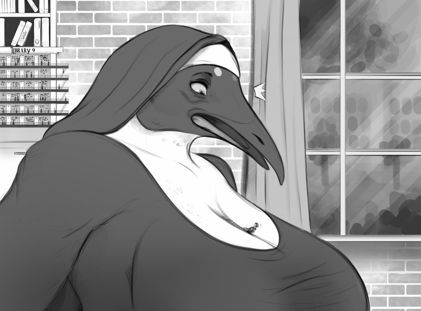 absurd_res anthro avian beak between_breasts big_breasts bird breasts brick_wall clothing curtains_open duo emperor_penguin extreme_size_difference female hi_res human inside larger_female library macro male mammal micro micro_on_macro monochrome mrs.timmia_(taylornoir) nun_outfit open_beak open_mouth penguin size_difference smaller_male stairs student surprised_expression taylornoir teacher teacher_and_student uniform wall_(structure) window