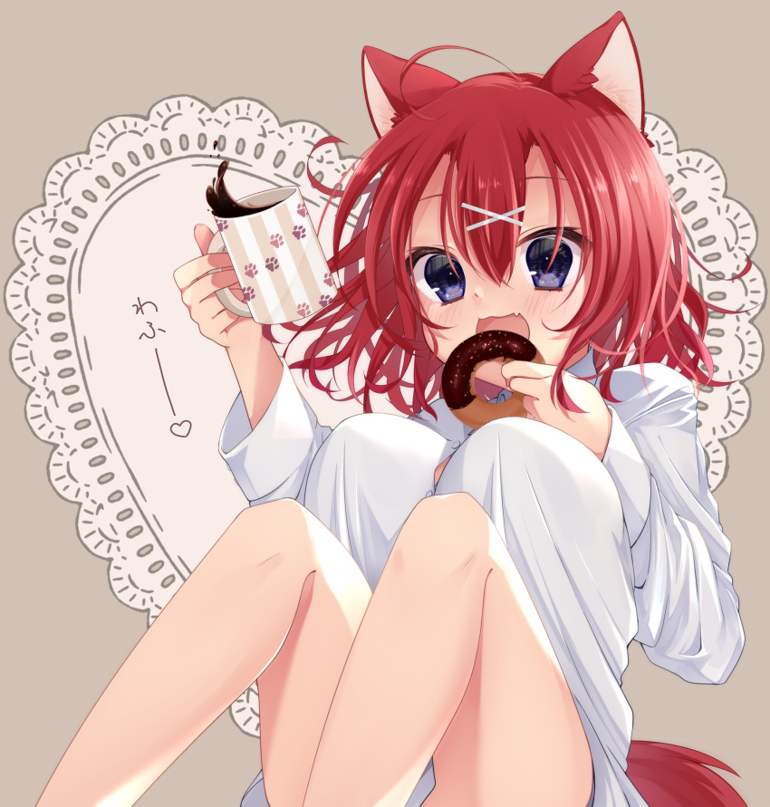 1girl :3 :d ahoge akane_(hn_akn_12) amairo_islenauts animal_ear_fluff animal_ears blue_eyes breasts coffee coffee_mug commentary cup doughnut dress_shirt eating eyelashes fang food hair_between_eyes hair_ornament hands_up happy heart highres holding holding_cup holding_food knees_up large_breasts light_brown_background long_sleeves looking_at_viewer masaki_gaillard medium_hair mug naked_shirt open_mouth paw_print red_hair red_tail shirt simple_background sitting skin_fang smile solo tail thighs translated white_shirt wolf_ears wolf_girl wolf_tail x_hair_ornament