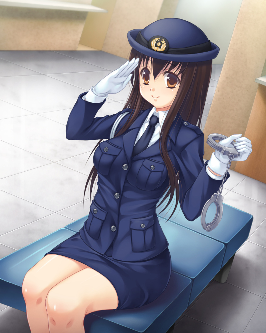 1girl aocchi bench black_necktie brown_eyes brown_hair cuffs gloves hair_between_eyes hand_up handcuffs hat highres holding holding_handcuffs indoors long_hair long_sleeves looking_at_viewer necktie official_art pencil_skirt peropero_saimin pocket police police_hat police_uniform policewoman salute sitting skirt smile solo tile_floor tiles uniform white_gloves