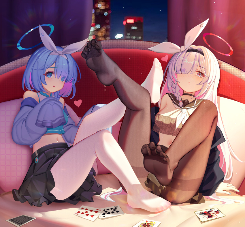 2girls a.r.o.n.a_(blue_archive) absurdres arona_(blue_archive) black_pantyhose black_sailor_collar black_skirt blue_archive blue_halo blue_pupils blue_serafuku colored_inner_hair feet feet_up hairband halo highres leg_up long_hair looking_at_viewer luai multicolored_hair multiple_girls no_shoes pantyhose pink_halo poker red_pupils sailor_collar school_uniform serafuku short_hair skirt soles thighhighs toes white_pantyhose yuri