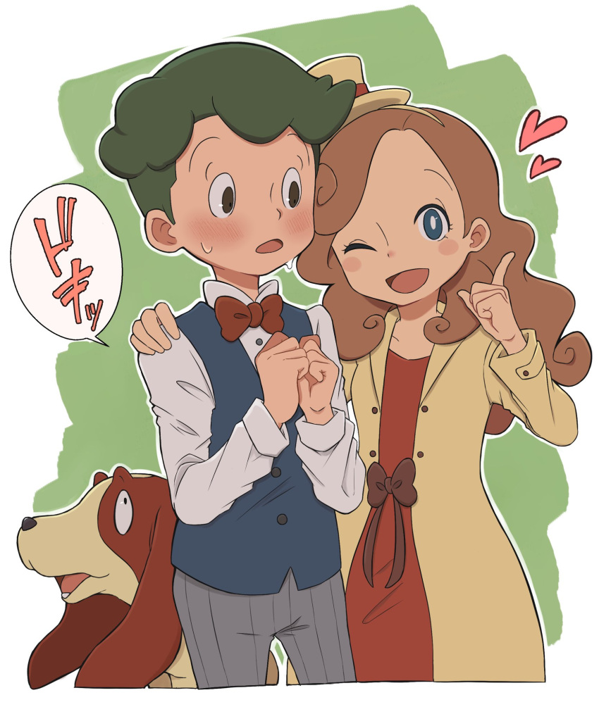 1boy 1girl ;d basset_hound blue_eyes blue_vest blush bow bowtie brown_eyes brown_hair coat collared_shirt commentary_request cropped_legs dog dress green_hair grey_pants hand_on_another's_shoulder hands_up hat heart highres katrielle_layton kiwami_(kiwamimuneko) long_hair long_sleeves looking_at_another looking_at_viewer mini_hat mini_top_hat noah_montol one_eye_closed open_mouth pants professor_layton red_bow red_bowtie red_dress sherl_(professor_layton) shirt short_hair smile speech_bubble standing sweatdrop top_hat translation_request vest white_shirt yellow_coat yellow_headwear