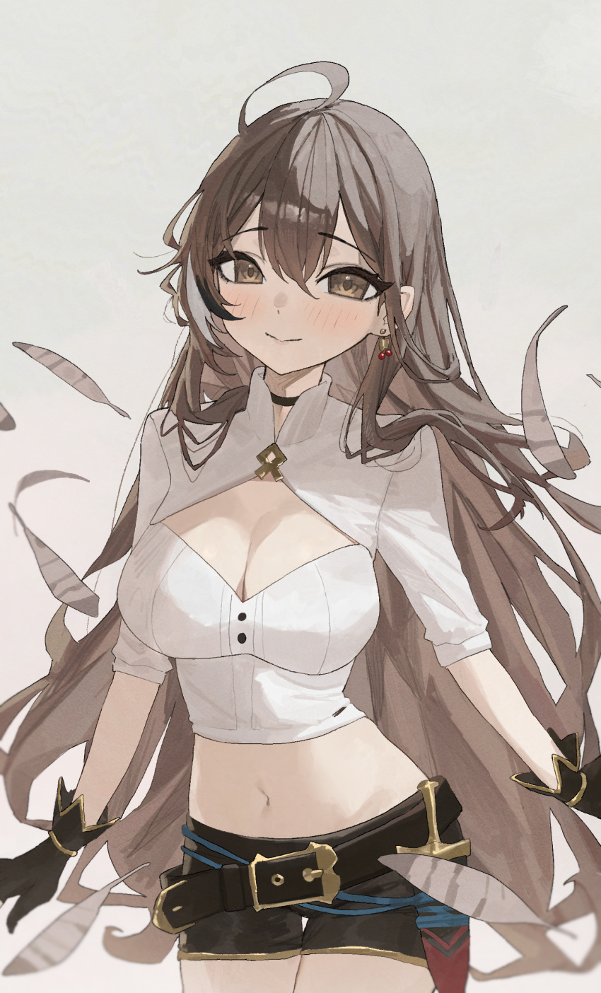 1girl absurdres ahoge arch_05x belt black_hair blush breasts brown_eyes brown_hair cherry_earrings choker cleavage cleavage_cutout closed_mouth clothing_cutout cowboy_shot crop_top earrings english_commentary feathers food-themed_earrings gloves hair_between_eyes hair_down high_collar highres hololive hololive_english jewelry long_hair looking_at_viewer loose_belt medium_breasts midriff multicolored_hair nanashi_mumei navel shirt short_shorts shorts simple_background single_earring smile solo streaked_hair thigh_gap very_long_hair virtual_youtuber white_background white_hair white_shirt
