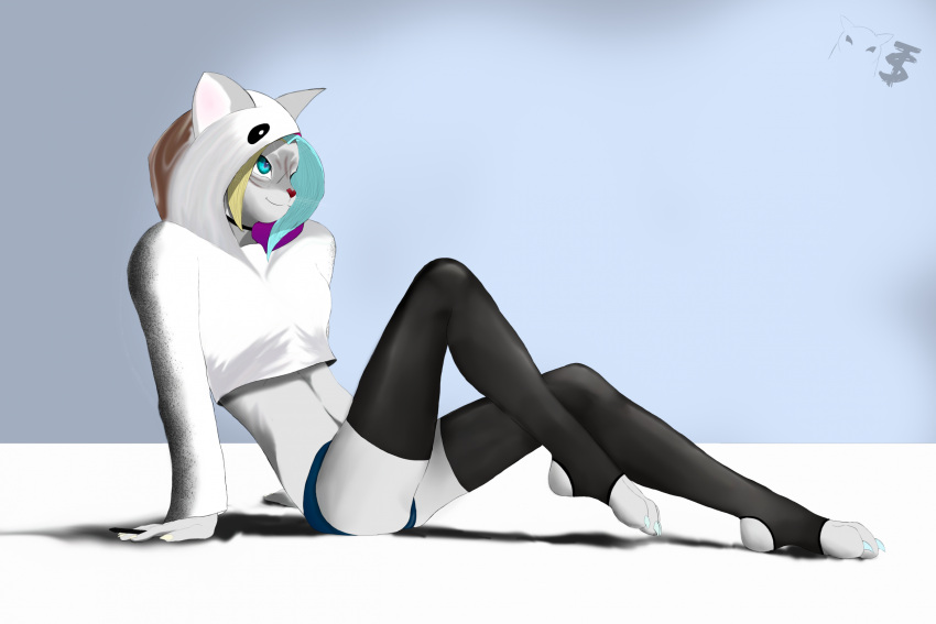 anthro clothing domestic_cat felid feline felis female hi_res hoodie legwear mammal pop_cat sakhtyphlosion simple_background solo stirrup_stockings stockings stylus topwear