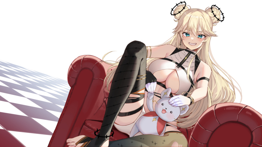 1girl arm_strap armlet black_halo black_thighhighs blonde_hair blue_eyes bracelet breasts chair character_name checkered_floor cleavage commission crop_top double_bun double_halo hair_between_eyes hair_bun halo jewelry kaneko_lumi kaneko_lumi_(3rd_costume) large_breasts long_hair on_chair phase_connect ramachiru sitting skeb_commission sparkle_print stirrup_legwear thighhighs toeless_legwear virtual_youtuber