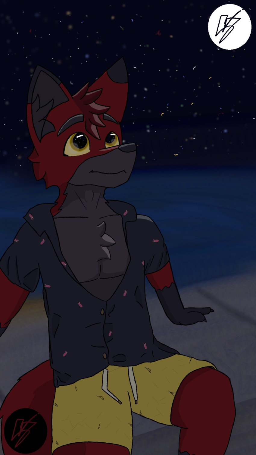canid canine clothed clothing dress_shirt fox fully_clothed fur hi_res leaning leaning_back male mammal red red_body red_espyed red_fox red_fur shirt sky solo star stargazing starry_sky swimming_trunks swimwear topwear