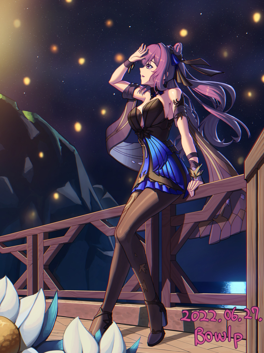 1girl arm_up artist_name black_dress black_footwear black_pantyhose bowlp breasts commentary cone_hair_bun dated detached_sleeves dress flower genshin_impact hair_bun high_heels highres keqing_(genshin_impact) keqing_(opulent_splendor)_(genshin_impact) large_breasts night night_sky official_alternate_costume outdoors pantyhose parted_lips purple_eyes purple_hair railing short_sleeves signature sky solo strapless strapless_dress twintails white_flower wristband