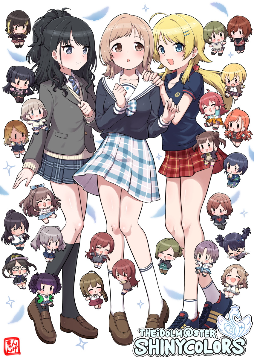 &gt;_&lt; 6+girls :d :o ^_^ absurdres ahoge aketa_mikoto arisugawa_natsuha asakura_toru baseball_cap black-framed_eyewear black_footwear black_hair black_headwear black_pantyhose black_shirt black_skirt black_socks blazer blonde_hair blue_eyes blue_feathers blue_necktie blue_ribbon blue_skirt blush bow braid brown_eyes brown_footwear brown_hair brown_sweater character_request check_character chibi closed_eyes closed_mouth collarbone collared_shirt copyright_name dark-skinned_female dark_skin diagonal-striped_necktie diagonal_bangs double_bun fang feathers fishnet_pantyhose fishnets fukumaru_koito glasses green_eyes grey_eyes grey_hair grey_jacket grey_sweater hachimiya_meguru hair_bun hair_ornament hair_ribbon hairclip hands_on_another's_shoulder hat highres higuchi_madoka ichikawa_hinana idolmaster idolmaster_shiny_colors izumi_mei jacket kazano_hiori komiya_kaho kuwayama_chiyuki loafers long_hair low_twintails mayuzumi_fuyuko mini_person minigirl mitsumine_yuika mole mole_under_mouth morino_rinze multiple_girls necktie ngetyan orange_hair osaki_amana osaki_tenka pantyhose parted_lips plaid plaid_bow plaid_skirt pleated_skirt ponytail puffy_short_sleeves puffy_sleeves purple_eyes purple_hair red_eyes red_hair red_skirt ribbon saijo_juri sailor_collar sakuragi_mano school_uniform serafuku serizawa_asahi shirase_sakuya shirt shoes short_hair short_sleeves simple_background single_braid skirt smile socks sonoda_chiyoko sweater swept_bangs tanaka_mamimi tsukioka_kogane twintails two_side_up very_long_hair white_background white_sailor_collar white_shirt white_skirt white_socks yukoku_kiriko