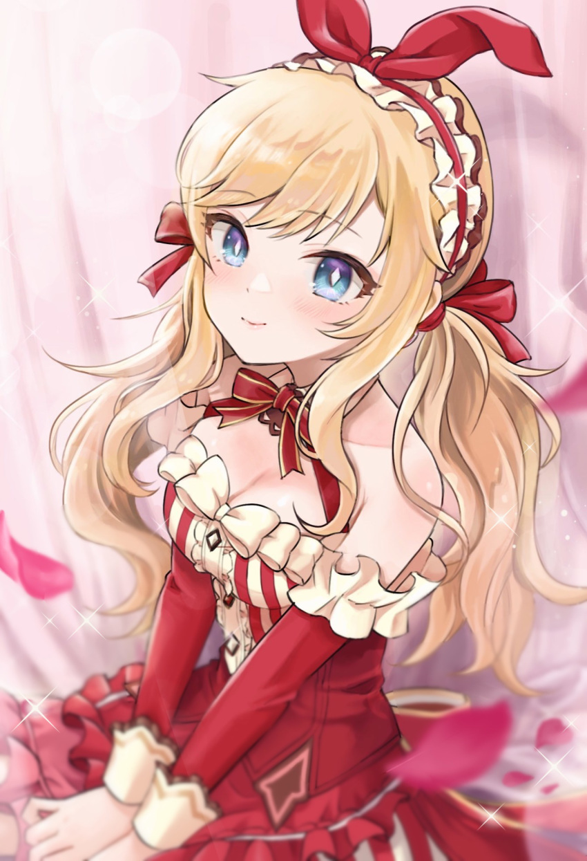 1girl bangs bare_shoulders blue_eyes blurry blurry_background blush bow bowtie breasts center_frills cleavage cowboy_shot detached_collar dress frilled_dress frills hair_ribbon hairband highres horu_mon idolmaster idolmaster_cinderella_girls long_hair low_twintails ohtsuki_yui petals red_bow red_bowtie red_dress red_hairband red_ribbon ribbon smile solo sparkle twintails