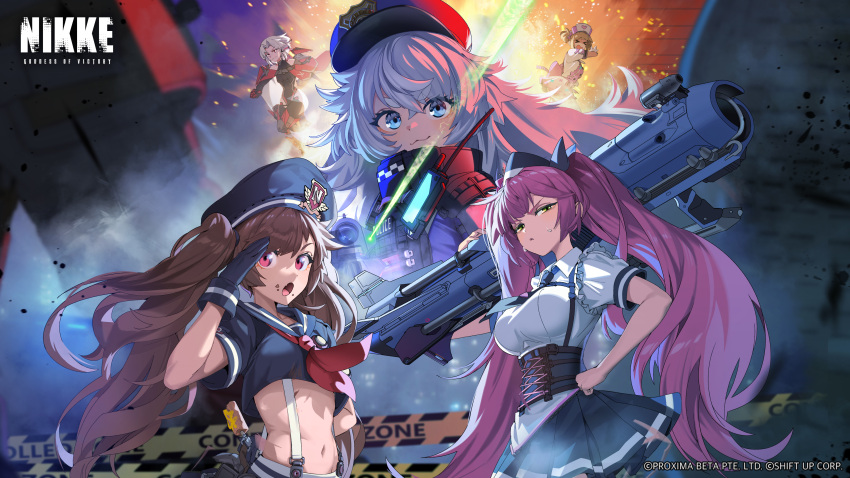 5girls a.c.p.u._(nikke) absurdres aiming aiming_at_viewer anchor_print arm_guards armband bandolier black_gloves blue_eyes blush breasts brown_eyes brown_hair chain closed_mouth collared_shirt corset cropped_shirt drake_(nikke) explosion flat_chest floating_hair flower food food_on_face frills gloves goddess_of_victory:_nikke green_eyes grey_skirt hair_flower hair_ornament hands_on_own_hips hat highres holding holding_weapon large_breasts light_blush long_hair looking_at_viewer midriff military_hat miniskirt miranda_(nikke) multiple_girls navel neckerchief novel_(detective_nurse)_(nikke) novel_(nikke) official_art pink_hair pleated_skirt poli_(nikke) police police_hat police_uniform policewoman pouch quiry_(nikke) red_neckerchief rocket_launcher sailor_collar sailor_shirt salute shirt short_sleeves shoulder_pads sidelocks skirt smile socks thighhighs thighs twintails uniform v-shaped_eyebrows very_long_hair wavy_hair weapon white_hair white_shirt white_thighhighs