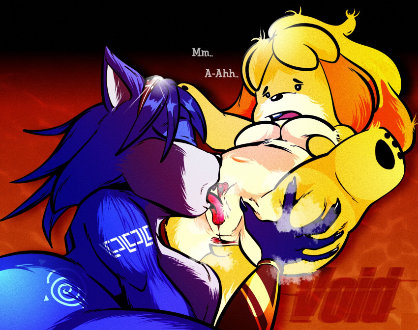 2023 animal_crossing anthro anthro_on_anthro anus blue_body blue_fur blue_hair breasts canid canine canis crack_ship crossover cunnilingus domestic_dog duo eyes_closed female female/female fox fur genitals hair hi_res isabelle_(animal_crossing) krystal licking mammal moan nintendo nude oral pussy sex shih_tzu spread_legs spreading star_fox text tongue tongue_out toy_dog vaginal voidsdroids yellow_body yellow_fur