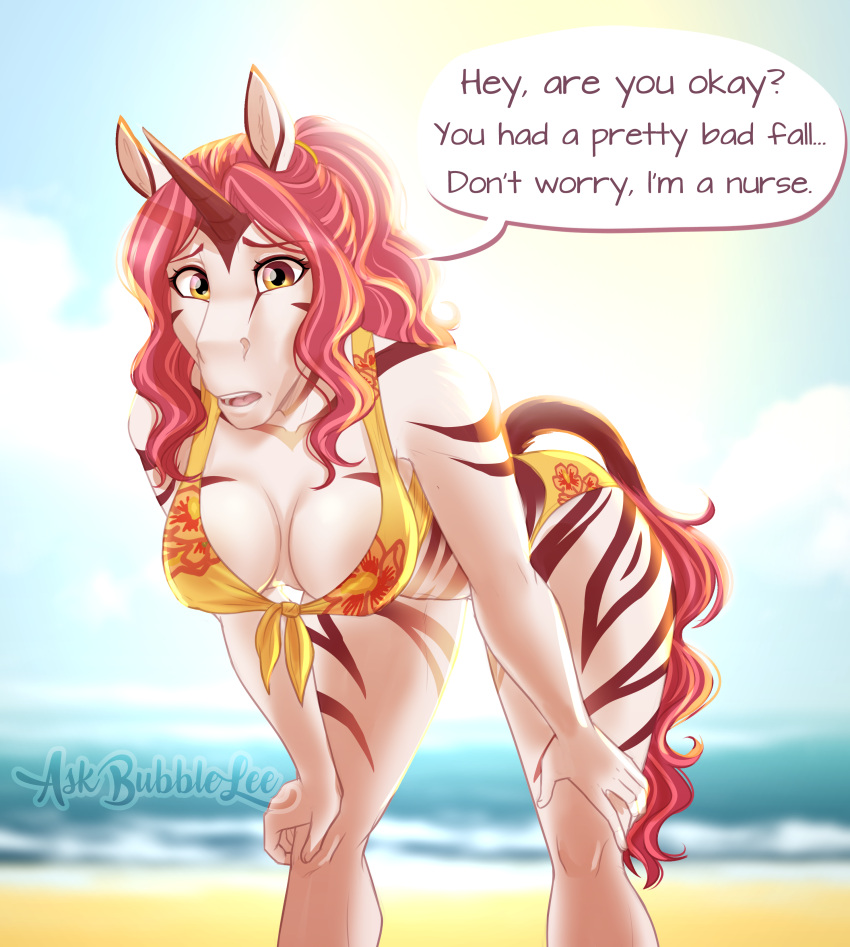 absurd_res beach bikini breasts brown_eyes cleavage clothed clothing dialogue english_text equid equine hair hands_on_legs hi_res horn hybrid impala_lily_(thecatnamedfish) leaning leaning_forward looking_at_viewer mammal purple_hair sea seaside stripes swimwear text thecatnamedfish unicorn water zebra zony