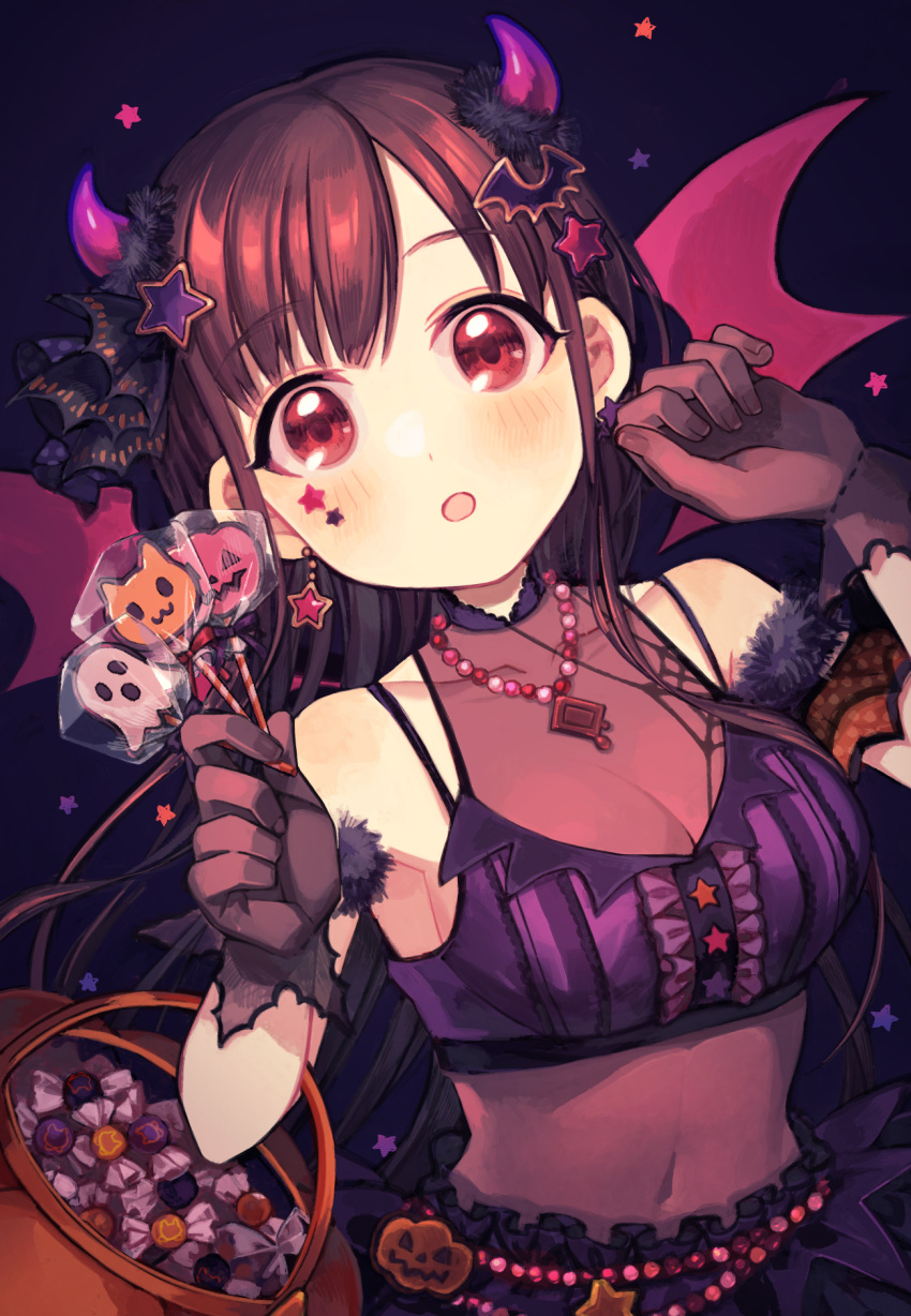 1girl alternate_hairstyle bare_shoulders bat_hair_ornament bead_necklace beads belly_chain black_background black_ribbon blush breasts brown_gloves brown_hair candy cat chocolate cleavage clenched_hand collarbone crop_top cropped_shirt demon_girl demon_horns demon_wings dot_nose earrings fake_horns fake_wings food frilled_shirt frills fur_trim ghost gloves hair_ornament hair_ribbon halloween halloween_bucket hands_up highres holding holding_candy holding_food horns idolmaster idolmaster_shiny_colors jack-o'-lantern jewelry large_breasts long_hair looking_at_viewer midriff navel necklace open_mouth orange_armband polka_dot purple_shirt purple_skirt red_eyes ribbon sasasasa see-through_cleavage see-through_gloves shirt skirt sleeveless sleeveless_shirt solo sonoda_chiyoko star_(symbol) star_earrings star_hair_ornament twintails upper_body wings
