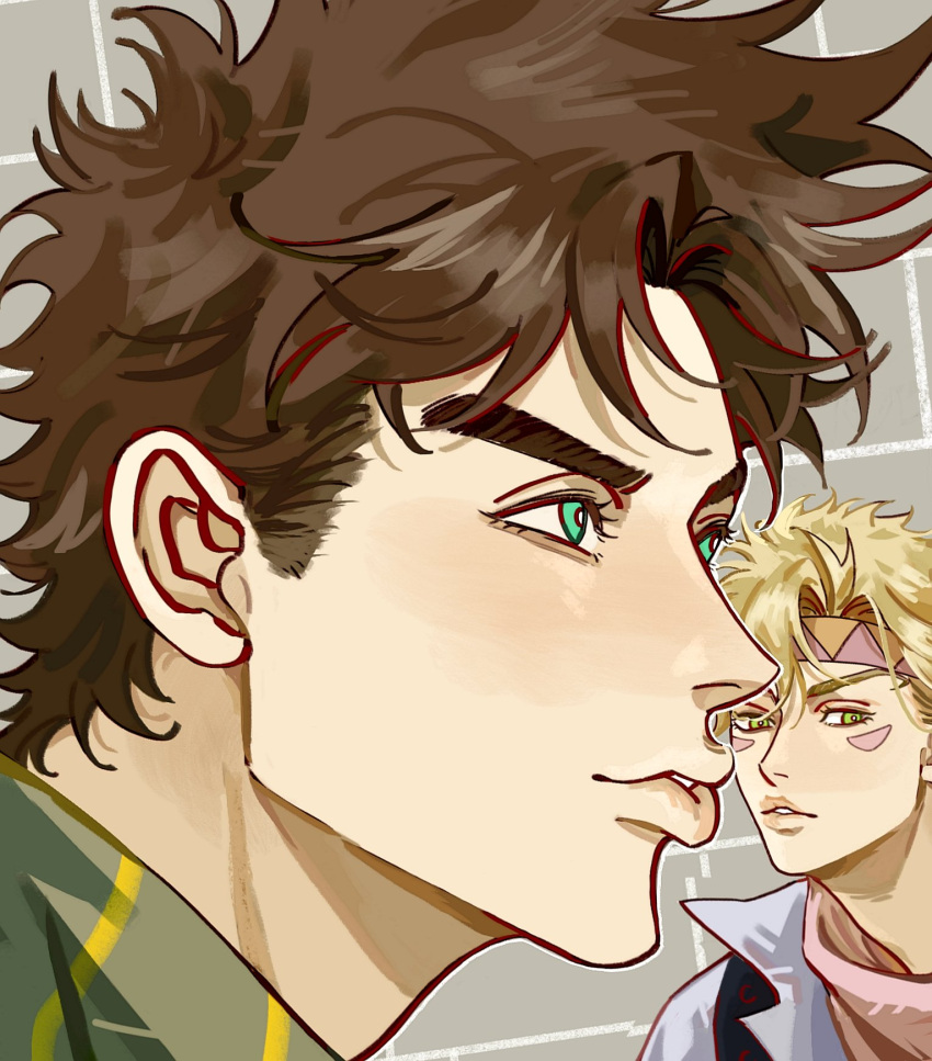 2boys battle_tendency blonde_hair blue_jacket blush brown_hair caesar_anthonio_zeppeli derivative_work facial_mark green_eyes green_scarf headband highres jacket jojo_no_kimyou_na_bouken joseph_joestar joseph_joestar_(young) male_focus multiple_boys parody pink_scarf pout scarf screencap_redraw striped striped_scarf triangle_print zhoujo51