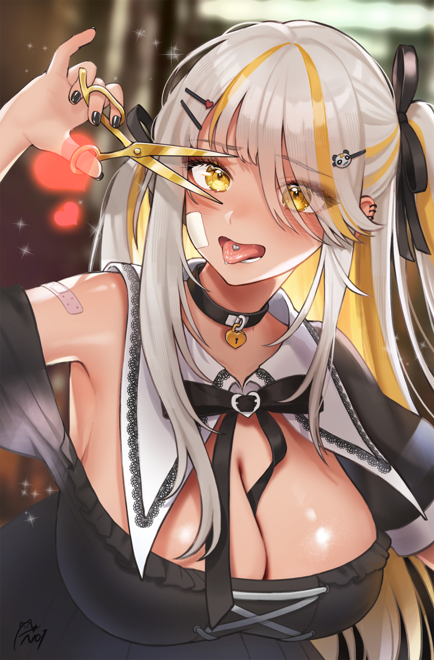 1girl absurdres alternate_breast_size bandaid blonde_hair blush breasts choker cleavage cutting_hair cutting_own_hair dark-skinned_female dark_skin earrings grey_hair heart heart_choker highres holding holding_scissors jewelry large_breasts long_hair luvdia multicolored_hair noixen open_mouth park_dona piercing scissors smile streaked_hair tongue tongue_out tongue_piercing virtual_youtuber