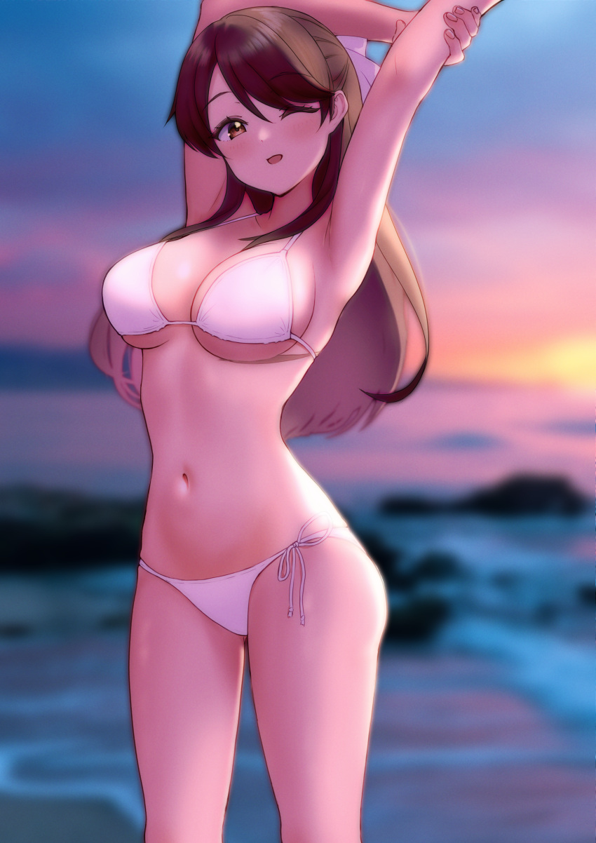 1girl absurdres armpits beach bikini blush brave_witches breasts brown_eyes brown_hair cleavage hair_ribbon highres karibuchi_takami kuroniko large_breasts long_hair looking_at_viewer navel ocean one_eye_closed open_mouth outdoors presenting_armpit ribbon side-tie_bikini_bottom sky solo swimsuit white_bikini world_witches_series