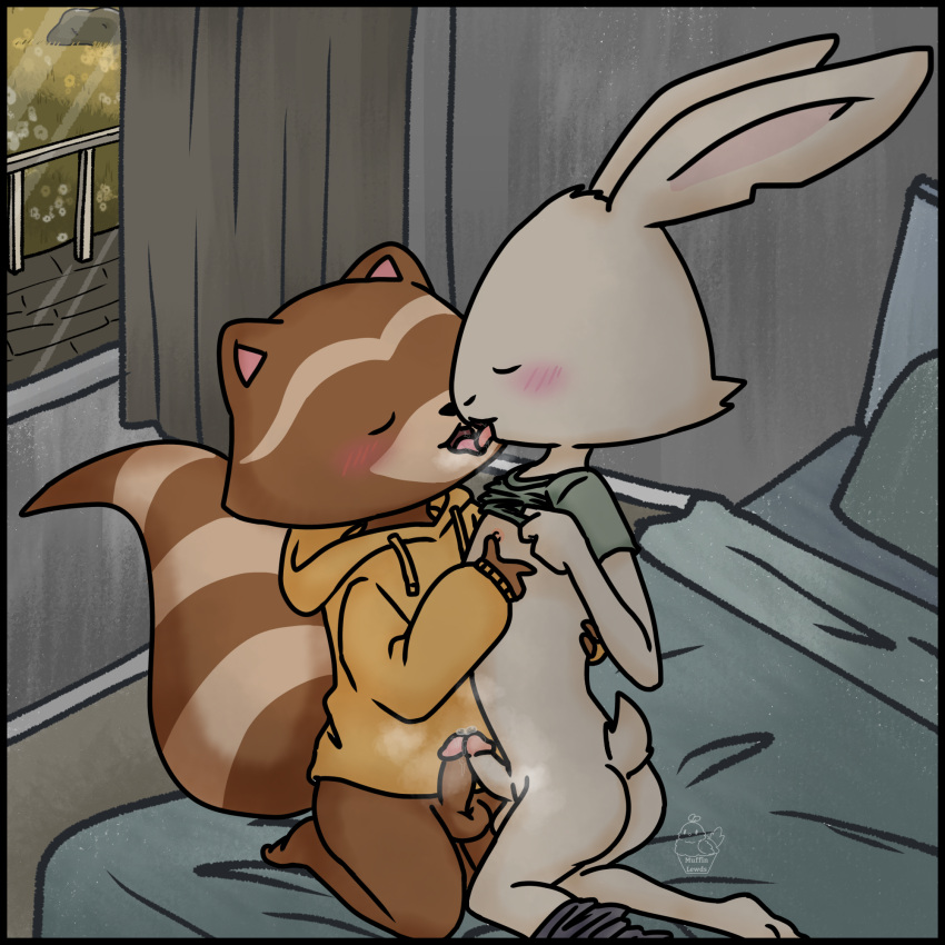 1:1 anthro balls bed bedroom bedroom_sex blush bodily_fluids bottomwear bottomwear_around_one_leg brown_body brown_fur chillhop chillhop_raccoon chillhop_records clothed clothing clothing_around_one_leg clothing_lift digital_media_(artwork) duo eyes_closed french_kissing frottage fur furniture genital_fluids genitals hi_res hoodie humanoid_genitalia humanoid_penis inside kissing lagomorph leporid male male/male mammal masturbation muffinlewds nipple_fetish nipple_play nipples nude pants pants_around_one_leg partially_clothed penile penile_masturbation penis penis_tip precum procyonid rabbit raccoon sex shirt shirt_lift steam steamy_breath tongue tongue_out topwear white_body white_fur