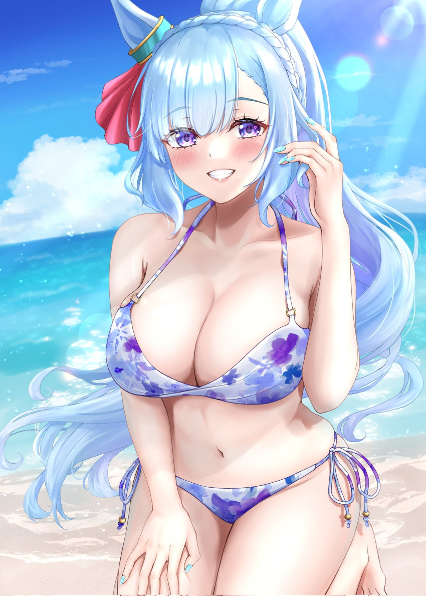 1girl animal_ears beach blue_hair braid breasts cleavage cloud collarbone commentary_request crown_braid fingernails highres horse_ears large_breasts lens_flare looking_at_viewer manicure mejiro_ardan_(umamusume) nail_polish navel ocean ponytail purple_eyes sand sky solo swept_bangs swimsuit taku_(312nismo1) umamusume