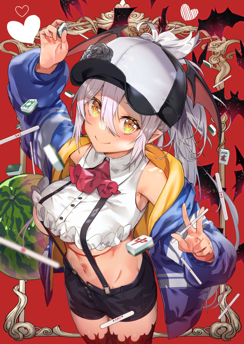 1girl absurdres black_shorts blue_jacket blush breasts crop_top grey_hair grey_rose highres indie_virtual_youtuber jacket kobachi_(bachi_58) long_hair open_clothes open_jacket pointy_ears shorts smile solo suspenders underboob valiana_s_tinegarnet virtual_youtuber yellow_eyes
