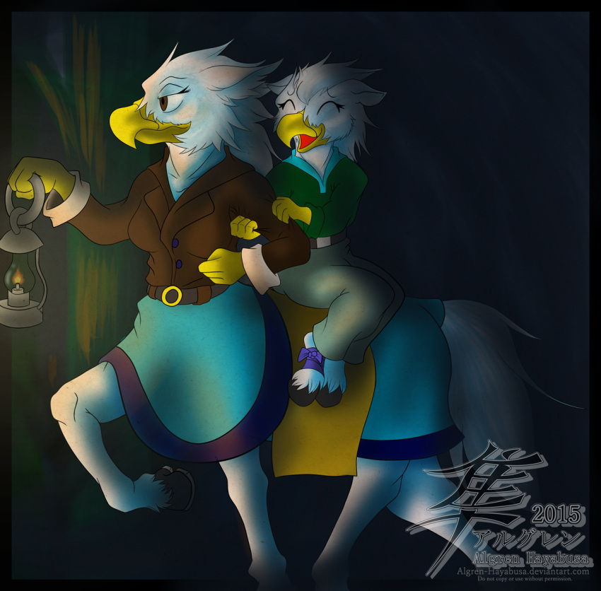 2015 algren-hayabusa anthro avian beak belt bird breasts clothed clothed_taur clothing detailed_background digital_media_(artwork) digital_painting_(artwork) duo equid eyebrows eyelashes eyes_closed feathers female fully_clothed fully_clothed_anthro holding_object hooves mammal open_mouth riding shaded soft_shading taur text url white_body white_feathers yellow_body yellow_skin