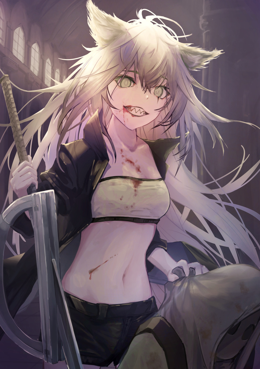 1girl 1other absurdres animal_ears arknights bandeau black_jacket black_shorts blood commentary_request cowboy_shot frpr3284 grey_eyes grey_hair grin hair_between_eyes highres holding holding_sword holding_weapon hood indoors jacket lappland_(arknights) long_hair long_sleeves mask midriff navel reunion_soldier_(arknights) sharp_teeth shorts smile standing stomach strapless sword teeth tube_top very_long_hair weapon wolf_ears