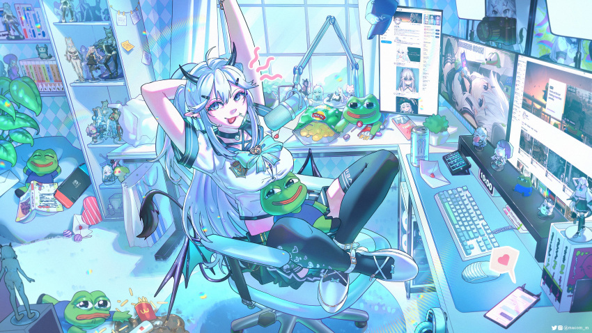 absurdres ahoge ahri_(league_of_legends) book breasts camera can candy computer crossed_legs demon_girl demon_horns demon_tail demon_wings desk food hair_between_eyes hat heart highres horns indie_virtual_youtuber indoors ironmouse k/da_(league_of_legends) k/da_ahri keyboard_(computer) league_of_legends lollipop long_hair looking_at_viewer macom_m mcdonald's medium_breasts microphone microphone_stand miniskirt monitor mouse_(computer) nintendo_switch nyatasha_nyanners pepe_the_frog phone pointy_ears short_sleeves silvervale sitting skirt tail thighhighs tongue tongue_out twitch.tv twitter vei_(vtuber) vei_(vtuber)_(11th_costume) virtual_youtuber vshojo white_hair window wings
