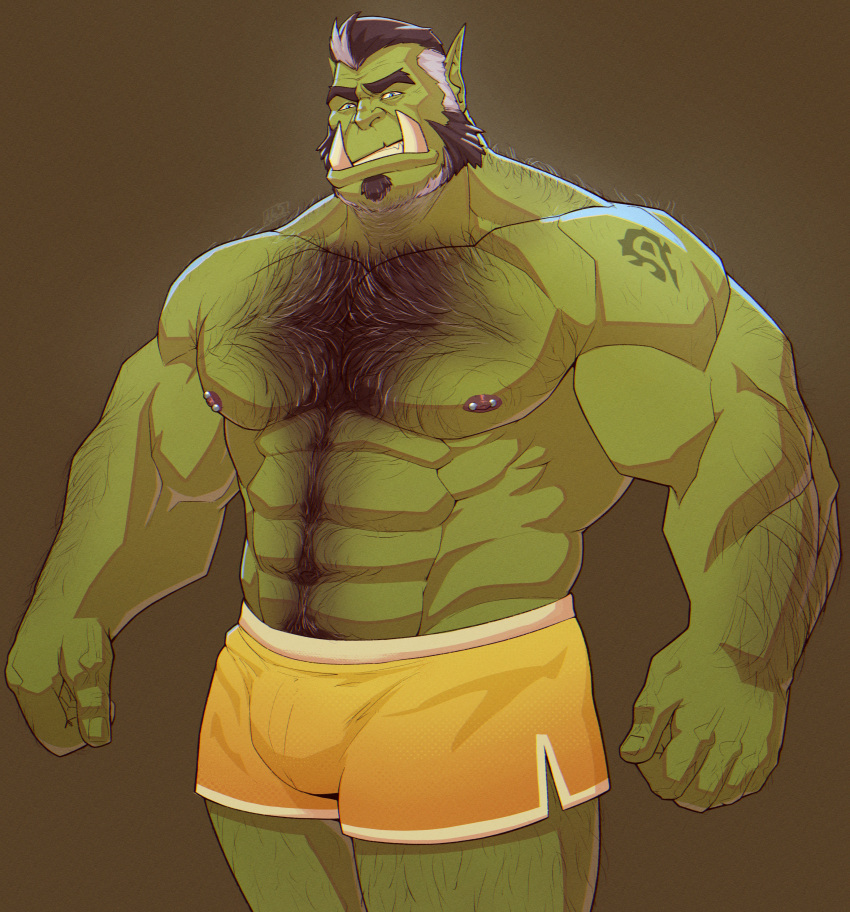 2023 abs absurd_res arm_tattoo barbell_piercing biceps black_hair blue_eyes body_hair bottomwear chest_hair clothed clothing deltoids facial_hair green_background green_body green_skin hair hairy_arms happy_trail hi_res horde_symbol_(warcraft) humanoid looking_at_viewer male mr_nellory muscular muscular_humanoid muscular_male nipple_barbell nipple_piercing nipples obliques orc pecs piercing shorts shoulder_tattoo sideburns simple_background solo soul_patch tattoo topless tusks white_hair yellow_bottomwear yellow_clothing yellow_shorts