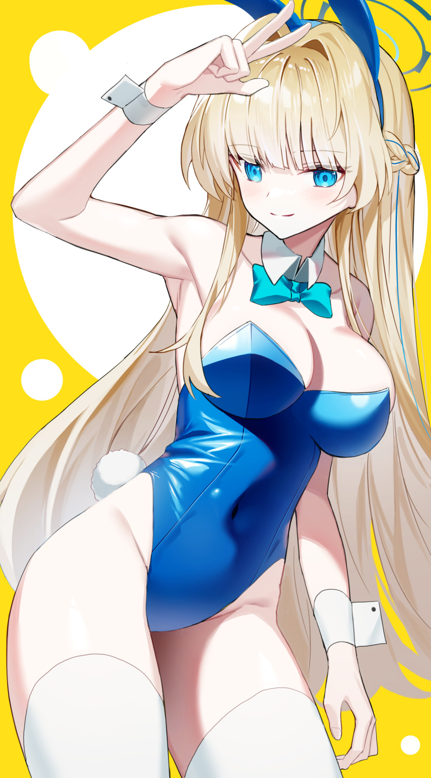 1girl absurdres animal_ears aqua_bow aqua_bowtie bare_hips bare_shoulders blonde_hair blue_archive blue_eyes blue_leotard bow bowtie braid breasts cleavage closed_mouth covered_navel detached_collar fake_animal_ears fake_tail french_braid hair_intakes highleg highleg_leotard highres leaning_to_the_side leotard long_hair looking_at_viewer medium_breasts playboy_bunny rabbit_ears rabbit_tail smile solo_focus sugar_(dndi888) tail thighhighs toki_(blue_archive) toki_(bunny)_(blue_archive) w white_thighhighs wrist_cuffs