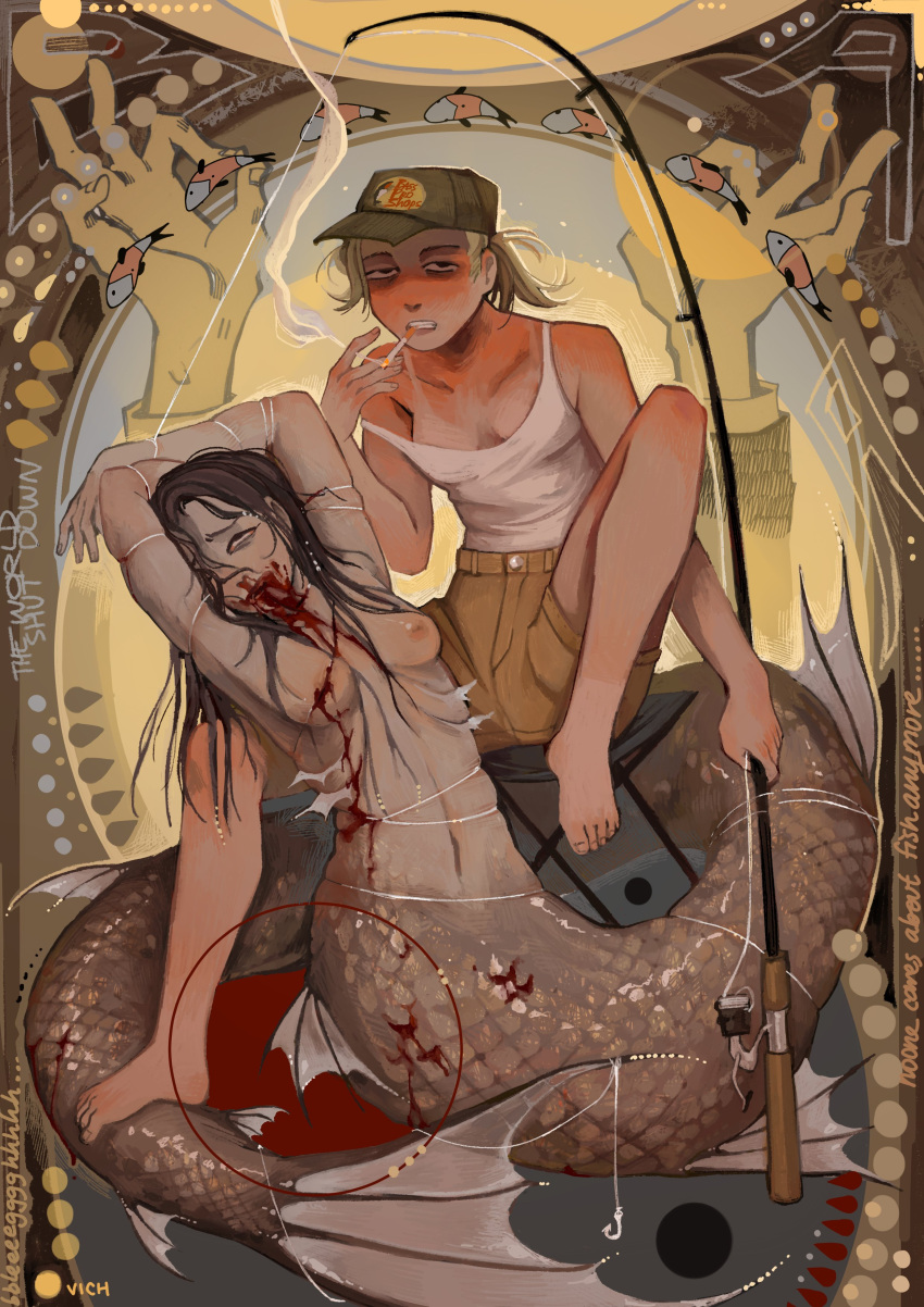 absurd_res ambient_fish ambient_sealife arms_above_head arms_tied barefoot baseball_cap blonde_hair blood blood_in_mouth bloodshot_eyes bodily_fluids bottomwear bound breasts brown_hair chair cigarette cleavage clothed clothing corpse death digital_media_(artwork) digital_painting_(artwork) duo feet female fin fish fish_hook fishing_rod foot_on_tail furniture gills glistening glistening_body glistening_breasts glistening_scales hair half-closed_eyes hat headgear headwear hi_res hook human humanoid long_hair mammal marine merfolk narrowed_eyes nipples nosebleed on_chair scales shirt shorts sitting sitting_on_chair skindentation smoke smoking smoking_cigarette split_form sunburn suntan tail tail_fin tan_body tan_line tan_scales tan_skin tank_top topwear vich wet_hair