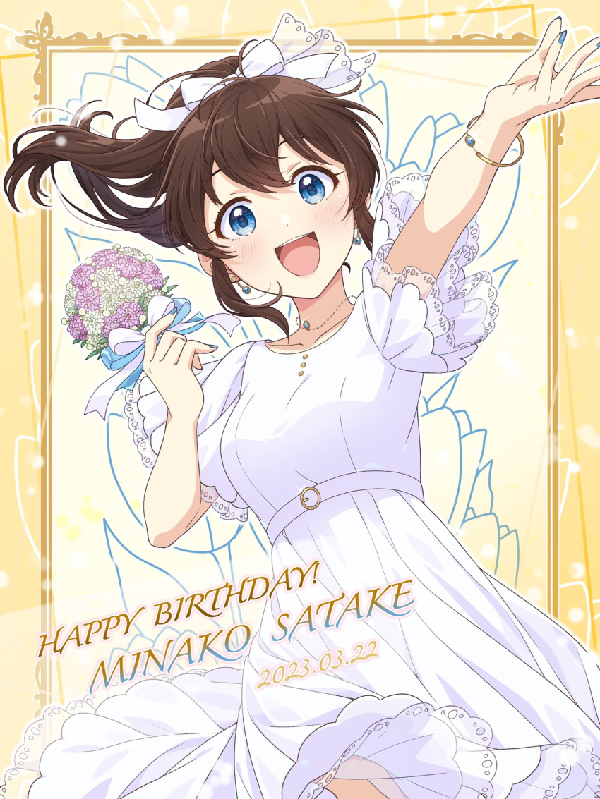 1girl :d arm_up belt blue_eyes blue_nails blush bouquet bow bracelet brown_hair character_name collarbone dress earrings floral_background grid_background hair_bow hair_ribbon happy_birthday highres holding holding_bouquet idolmaster idolmaster_million_live! idolmaster_million_live!_theater_days jewelry lace_trim long_hair looking_at_viewer necklace ponytail ribbon satake_minako shiro_(ongrokm) short_sleeves smile solo standing white_dress