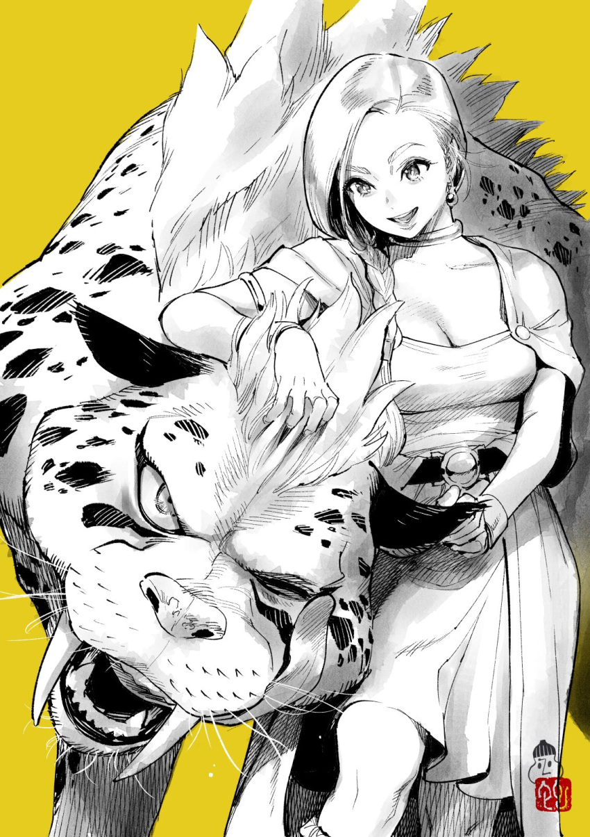 1girl ahn_dongshik animal armlet belt bianca_(dq5) borongo bracelet braid breasts cape cleavage commentary_request dragon_quest dragon_quest_v dress earrings fangs feet_out_of_frame greyscale_with_colored_background hair_behind_ear hair_over_shoulder hand_on_another's_ear hand_on_another's_head highres jewelry large_breasts long_hair looking_at_another monster neck_ring one_eye_closed open_mouth petting signature single_braid standing swept_bangs yellow_background