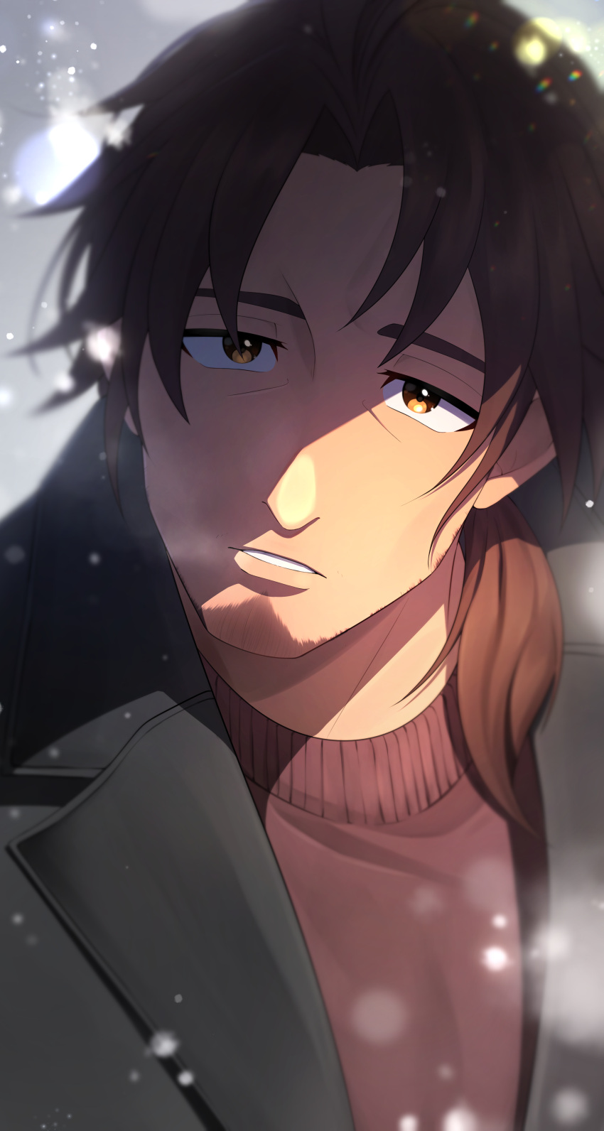 1boy absurdres beard belmond_banderas black_jacket blurry blurry_background brown_eyes brown_hair brown_sweater choco_(chocovix112) depth_of_field facial_hair forehead hair_over_shoulder highres jacket looking_at_viewer low_ponytail male_focus nijisanji parted_bangs parted_lips ponytail snowing solo sweater thick_eyebrows upper_body virtual_youtuber