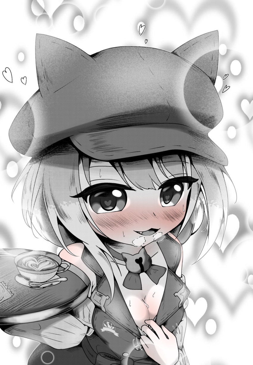 1girl animal_ears baguhatena bare_shoulders bell blush breasts cat_ears cat_girl cleavage commentary cup detached_sleeves ears_through_headwear eyelashes fang greyscale hat heart heart-shaped_pupils heart_background highres holding holding_tray jingle_bell looking_at_viewer medium_breasts monochrome open_mouth princess_connect! short_hair sidelocks smile sweat symbol-shaped_pupils tamaki_(princess_connect!) tea teacup tray upper_body